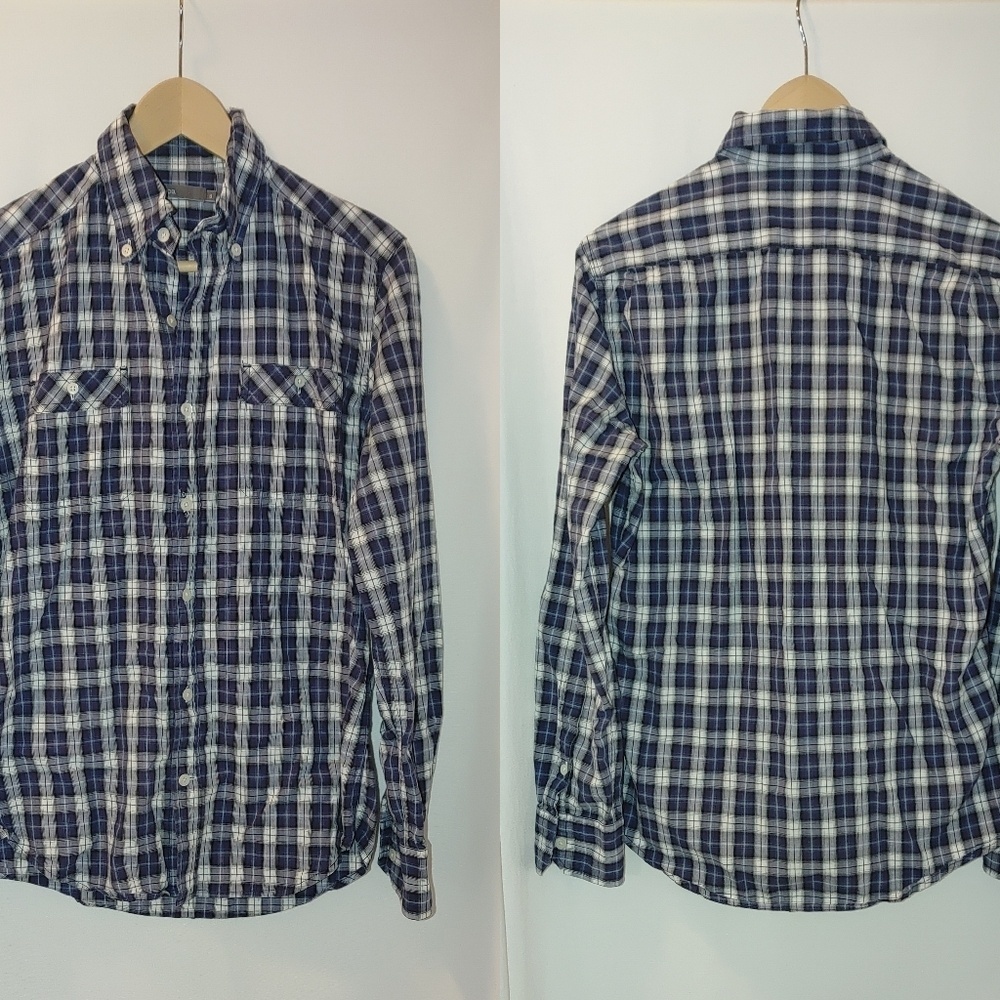 Vince Button Down Front Long Sleeve Blue Plaid Cotton Small‎ S
